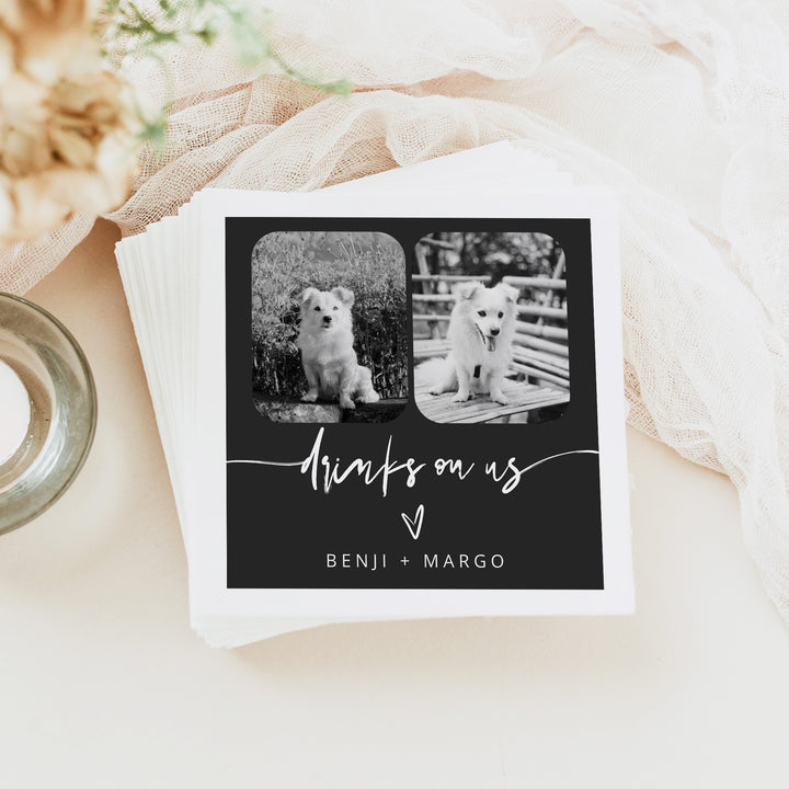PRIYA Drinks On Us Black and White Pet Photo Napkins for Wedding