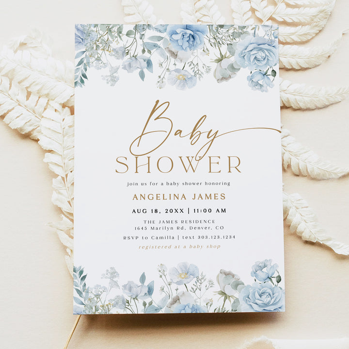 FLEUR Elegant Blue Floral Brunch Baby Shower Invitation
