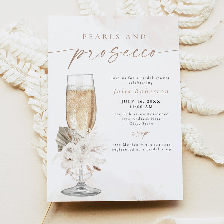 JULIA Pearls and Prosecco Boho Floral Bridal Shower Invite