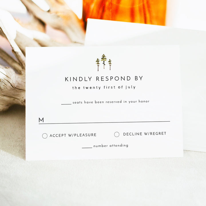 JENNA Simple Pine Tree Wedding RSVP Card with Envelopes