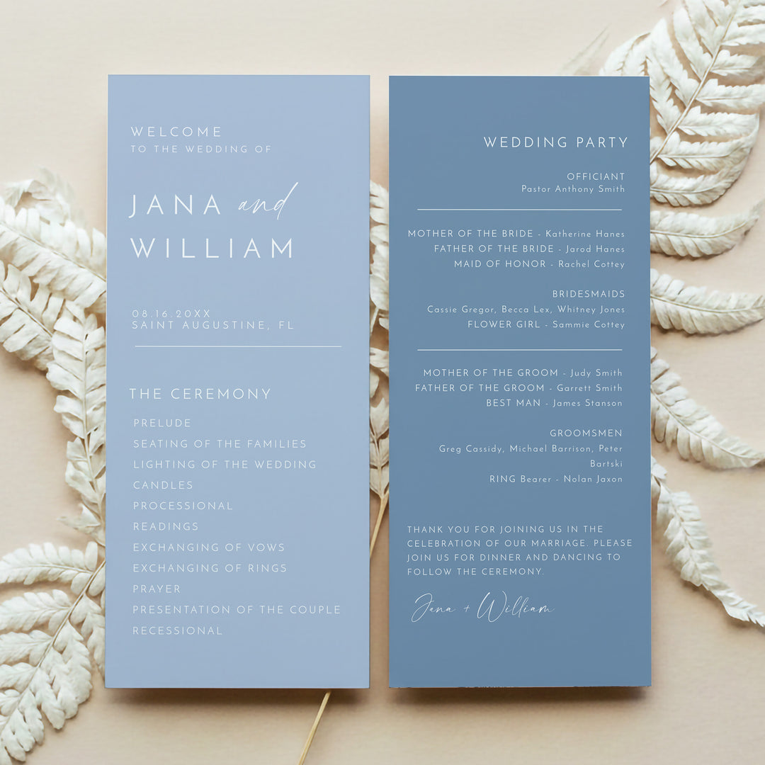 KENNEDY Simple Sky Blue Coastal Wedding Program