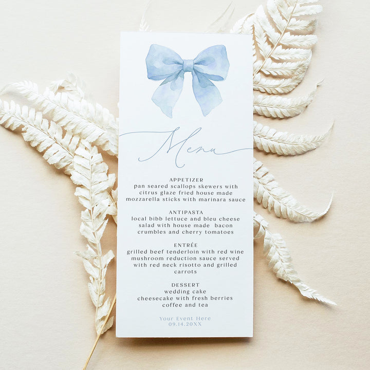 ANGELINA Elegant Dusty Blue Bow Menu Cards
