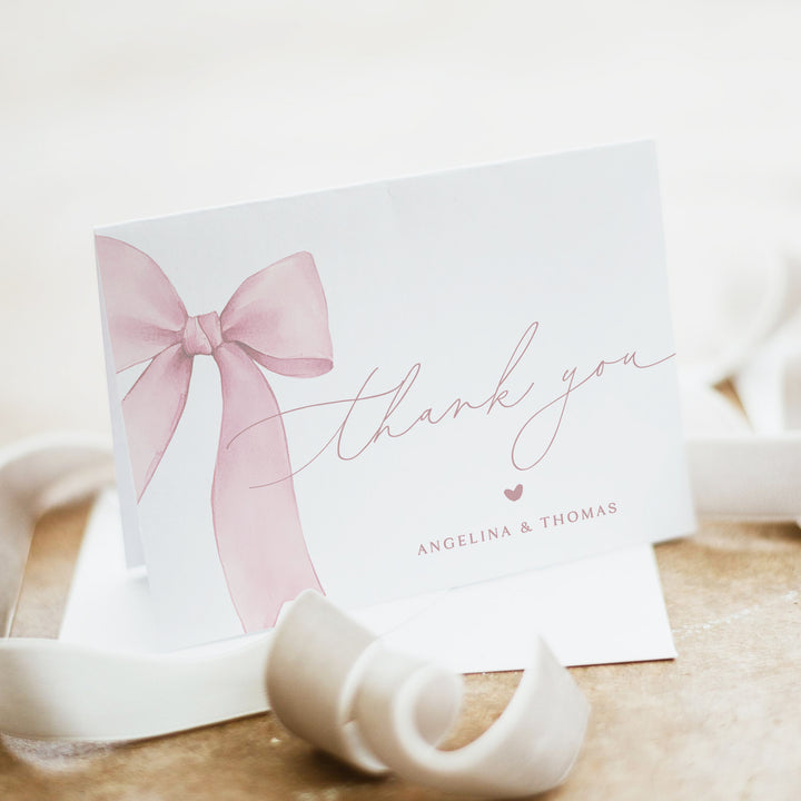 ANGELINA Pink Watercolor Bow Personalized Thank You Cards