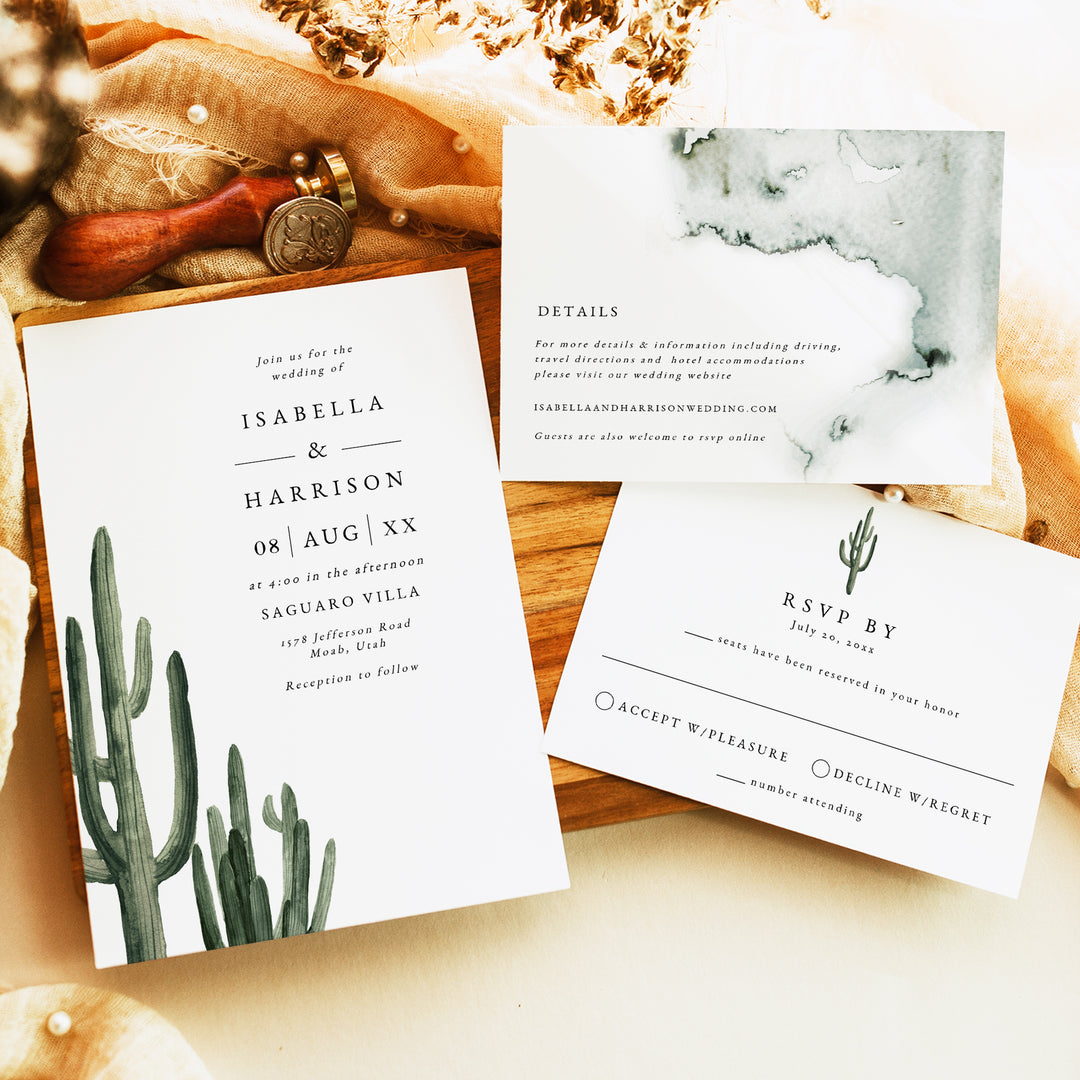 ELEANOR Green Cactus Boho Wedding Invitation Suite with Photo