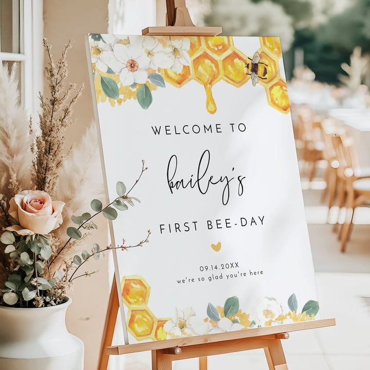 ROMY Girl's First Bee Day Bee Themed Birthday Party Welcome Sign