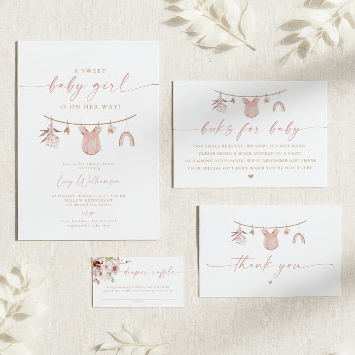 LUCY Sweet Baby Girl Clothesline Baby Shower Invitation Bundle