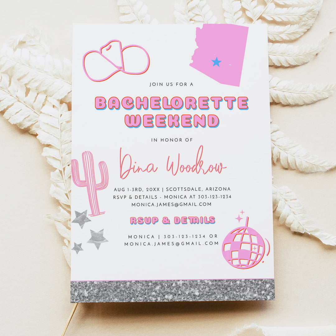 DINA Scottsdale Disco Cowgirl Bachelorette Invitation & Itinerary