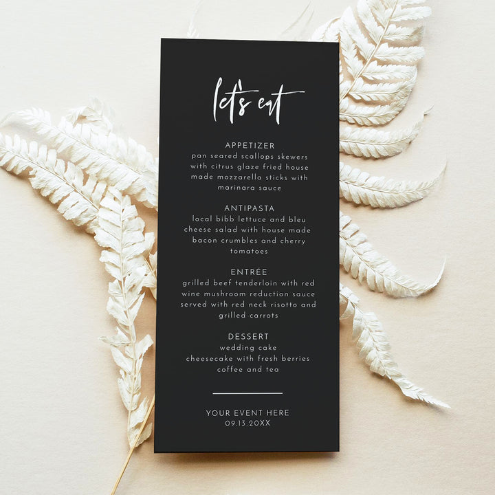 PRIYA Edgy Modern Black Let's Eat Menu Cards