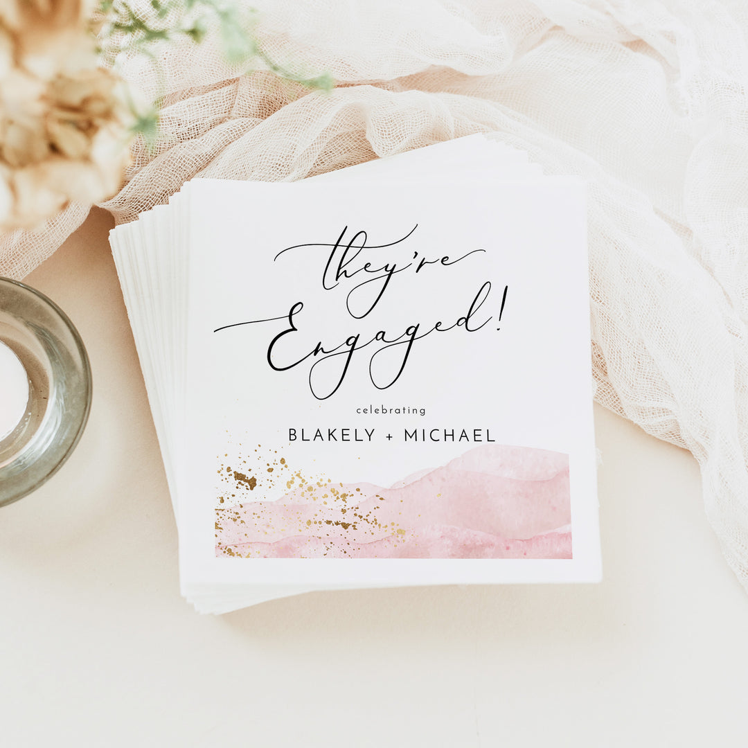 JULIEN They're Engaged Dusty Pink Watercolor Engagement Napkins