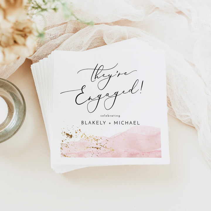 JULIEN They're Engaged Dusty Pink Watercolor Engagement Napkins