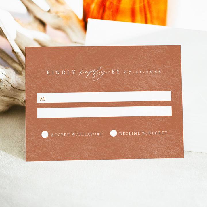 OPHELIA Minimalist Burnt Orange Wedding RSVP Card with Envelopes