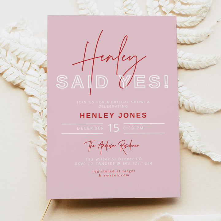 HENLEY Personalized She Said Yes Blush Pink Bridal Shower Invite