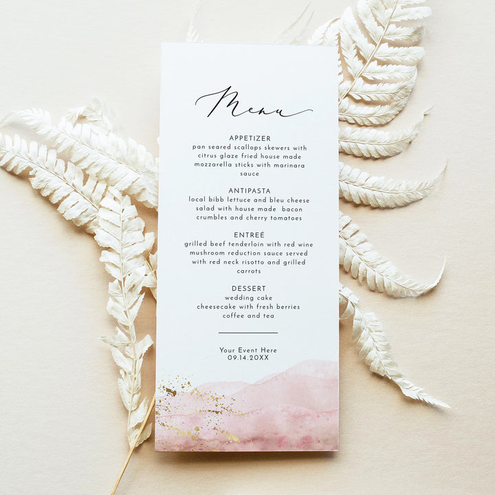 JULIEN Blush Pink and Gold Watercolor Menu Cards