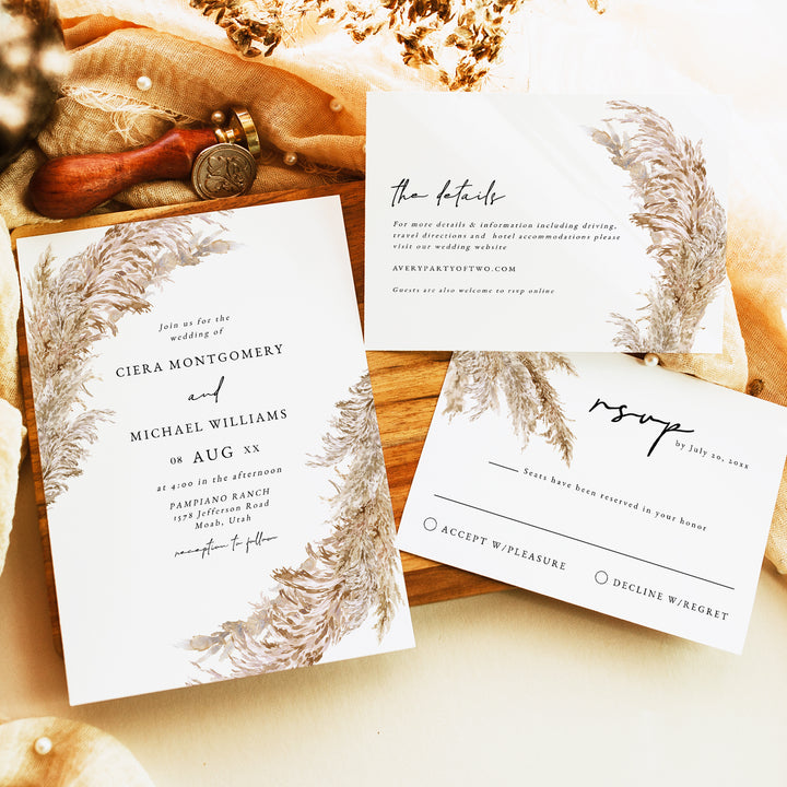 CIERA Boho Pampas Grass Wedding Invitation Bundle with Photo