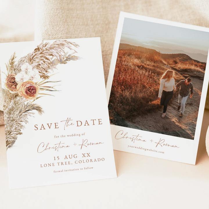 CIERA Boho Pampas Grass Terracotta Floral Save the Date Printed or Instant Download