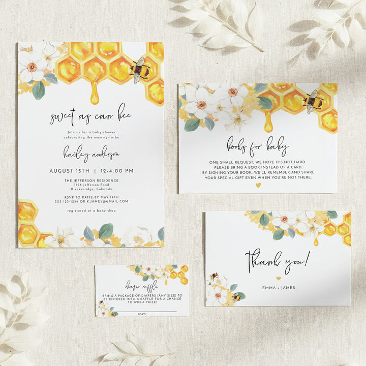 ROMY Sweet as Can Bee Boho Floral Baby Shower Invitation Bundle