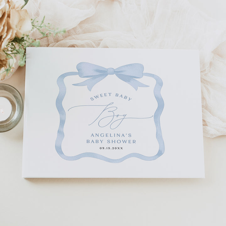 ANGELINA Dusty Blue Bow Boy Baby Shower Guest Book Keepsake
