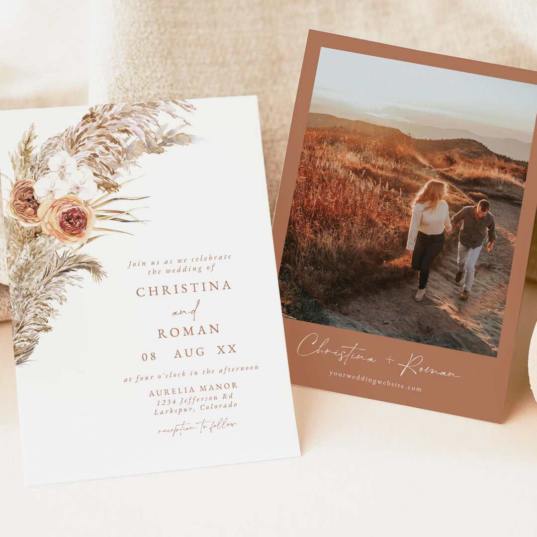 CIERA Boho Pampas Grass Terracotta Floral Wedding Invitation Printed or Instant Download