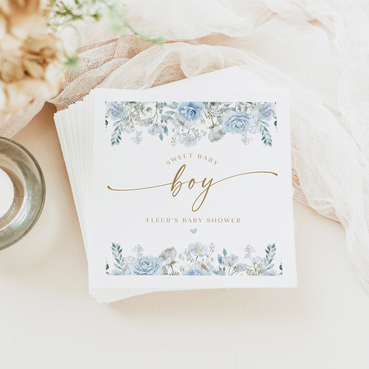 FLEUR Custom Dusty Blue Floral Boy Baby Shower Napkins FLEUR