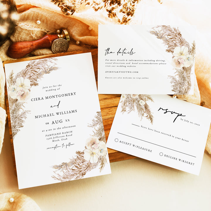 CIERA Rustic Floral Pampas Grass Wedding Invitation Suite