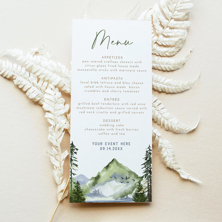 FINN Rustic Mountain and Pine Table Menu