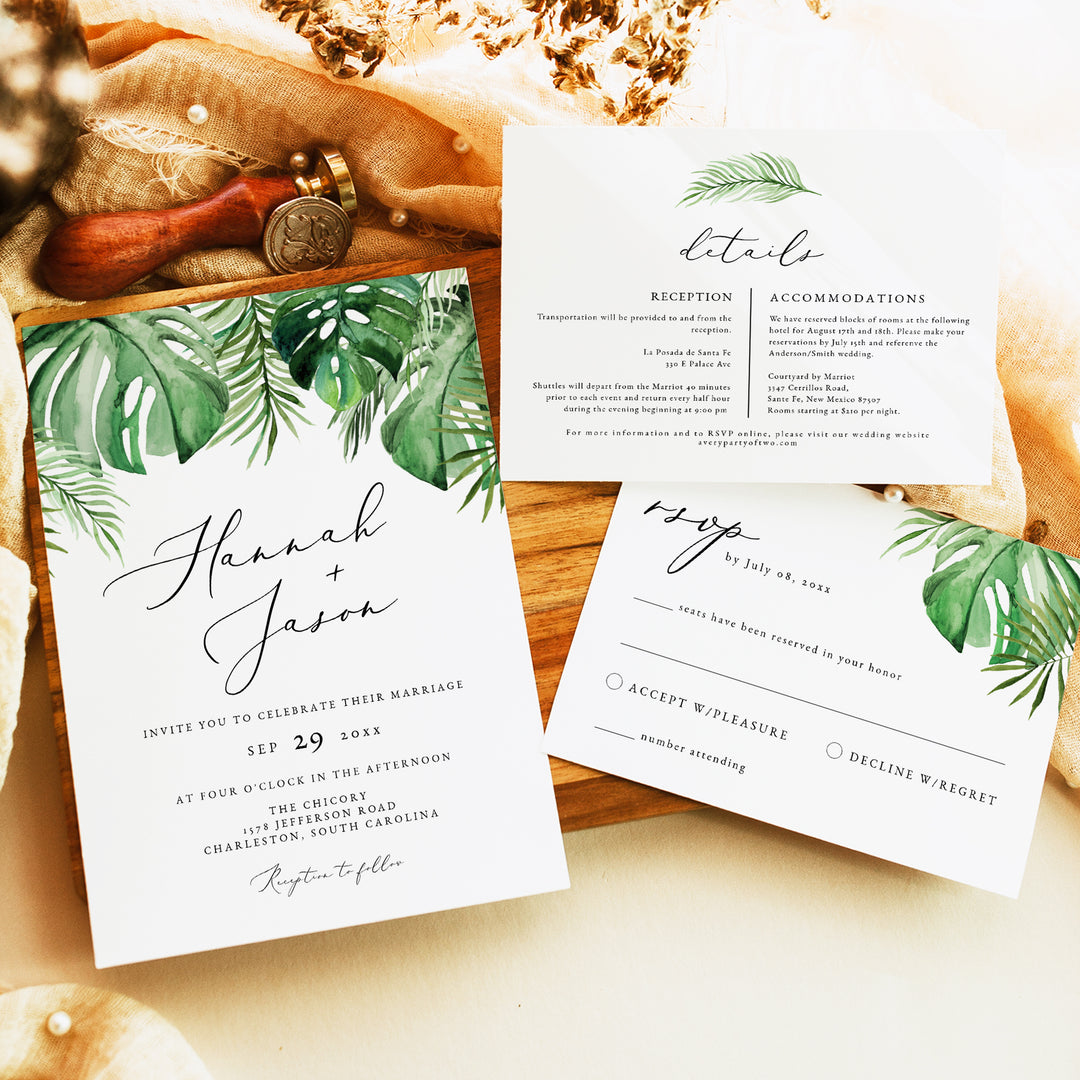 CORA Green Monstera Palm Wedding Invitation Suite with Photo