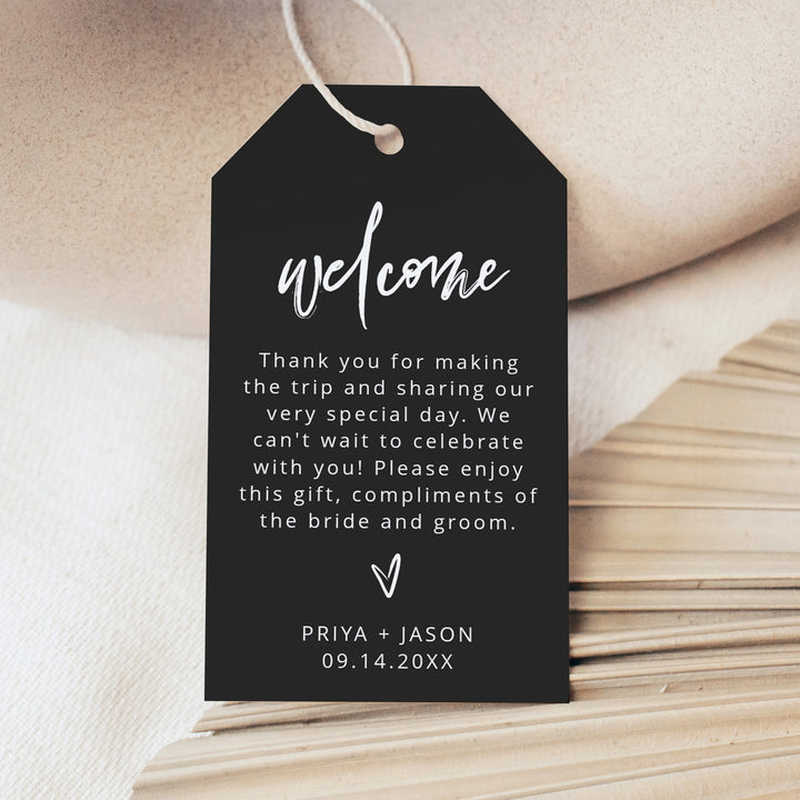 PRIYA Moody Black Wedding Welcome Bag Tags