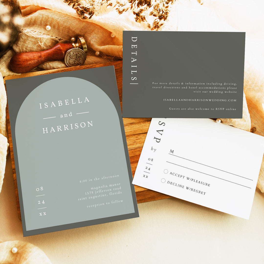 NINA Rustic Boho Arch Wedding Photo Invitation Suite