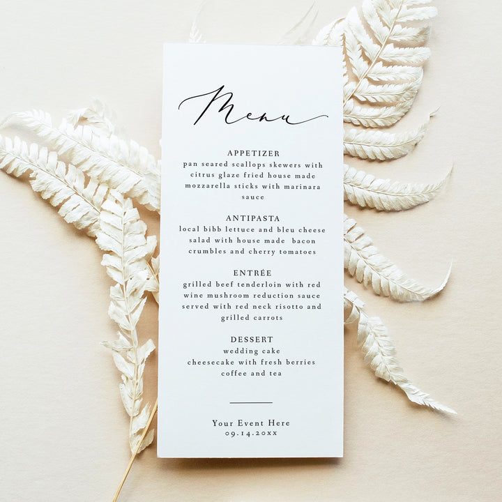 EVELYN Elegant Black and White Wedding Menu Cards