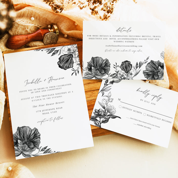 NOVA Black Vintage Floral Wedding Invitation Suite