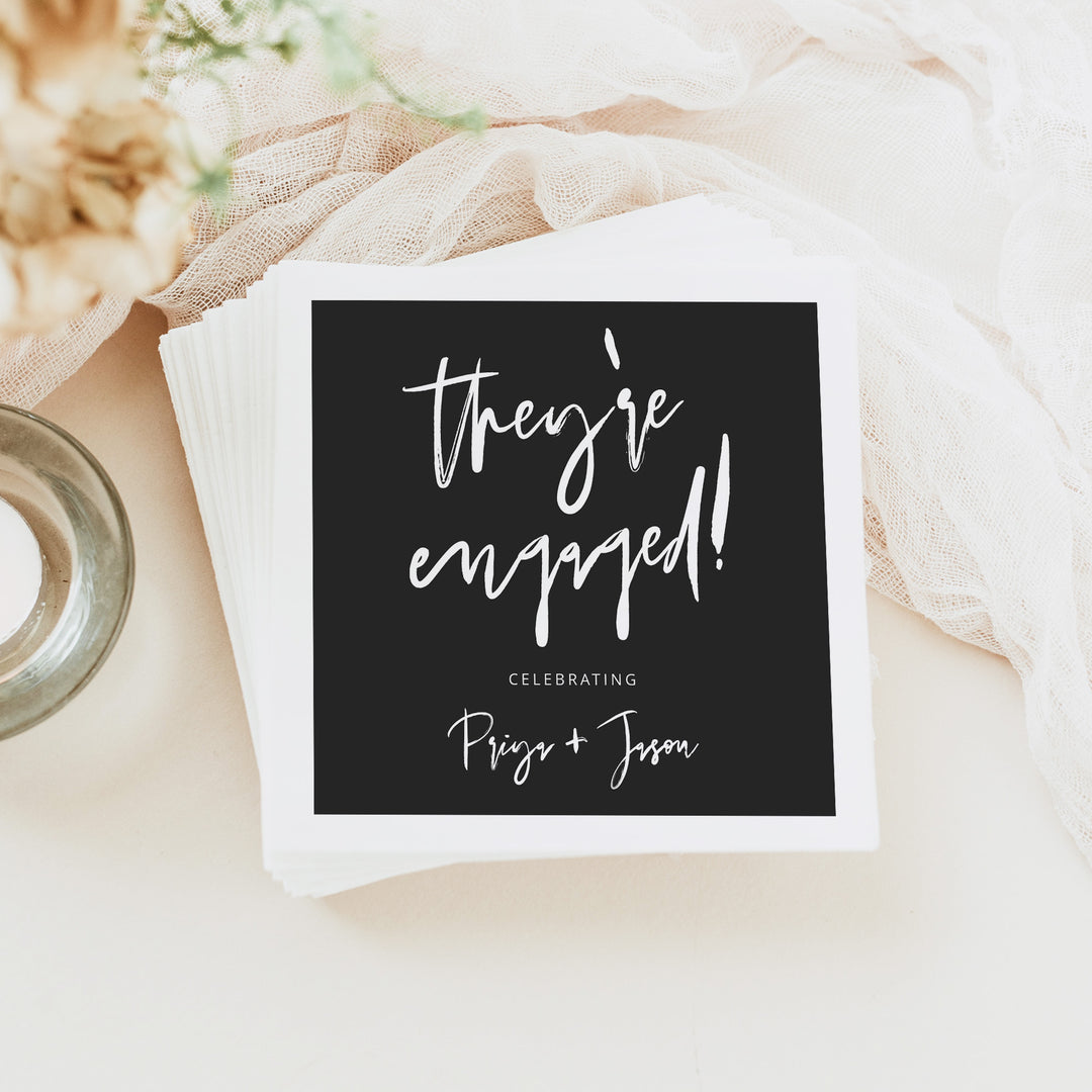 PRIYA They're Engaged Minimalist Black Engagement Napkins
