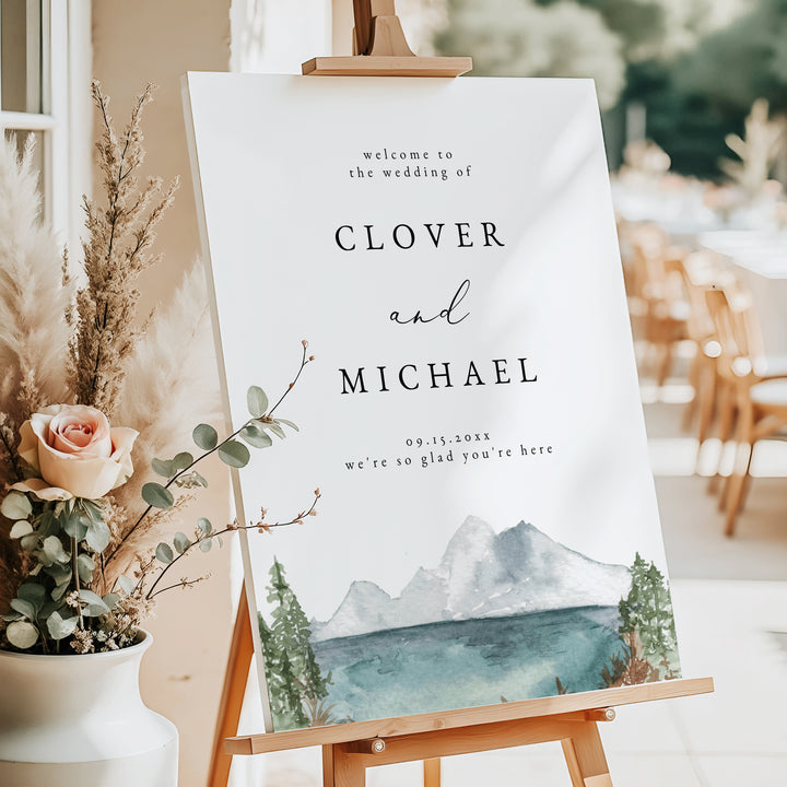 CLOVER Watercolor Mountain Wedding Welcome Sign