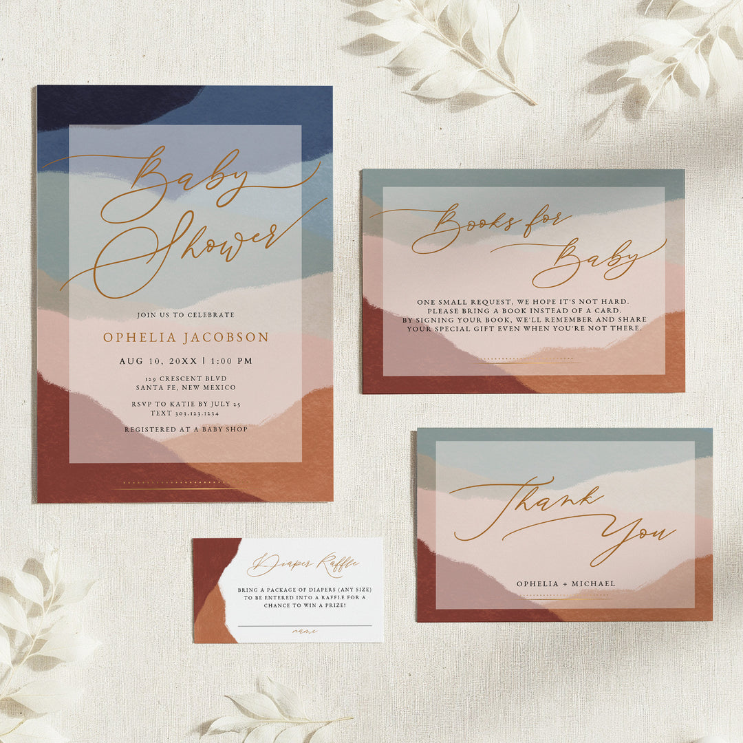 OPHELIA Gender Neutral Bohemian Desert Baby Shower Invitation Suite