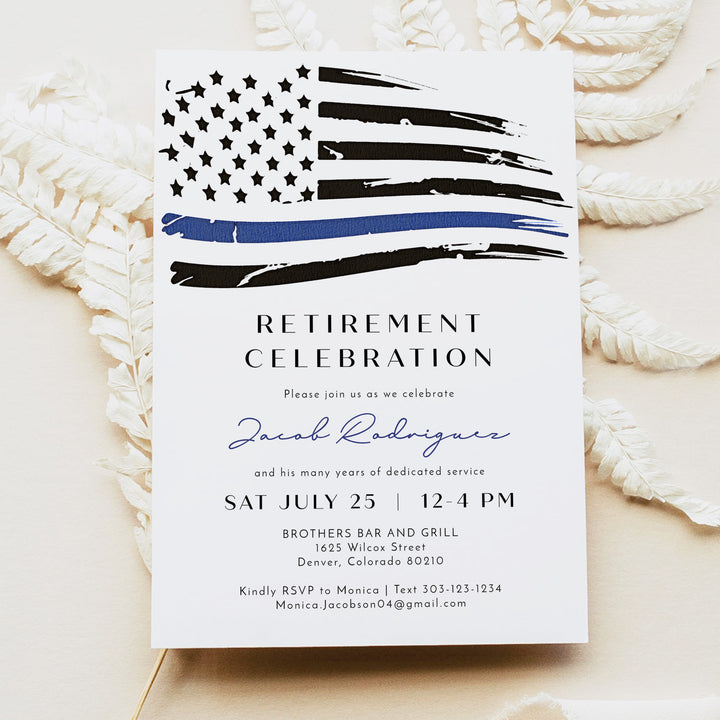 POLICE Officer Thin Blue Line Flag Retirement Party Invitation with Photo