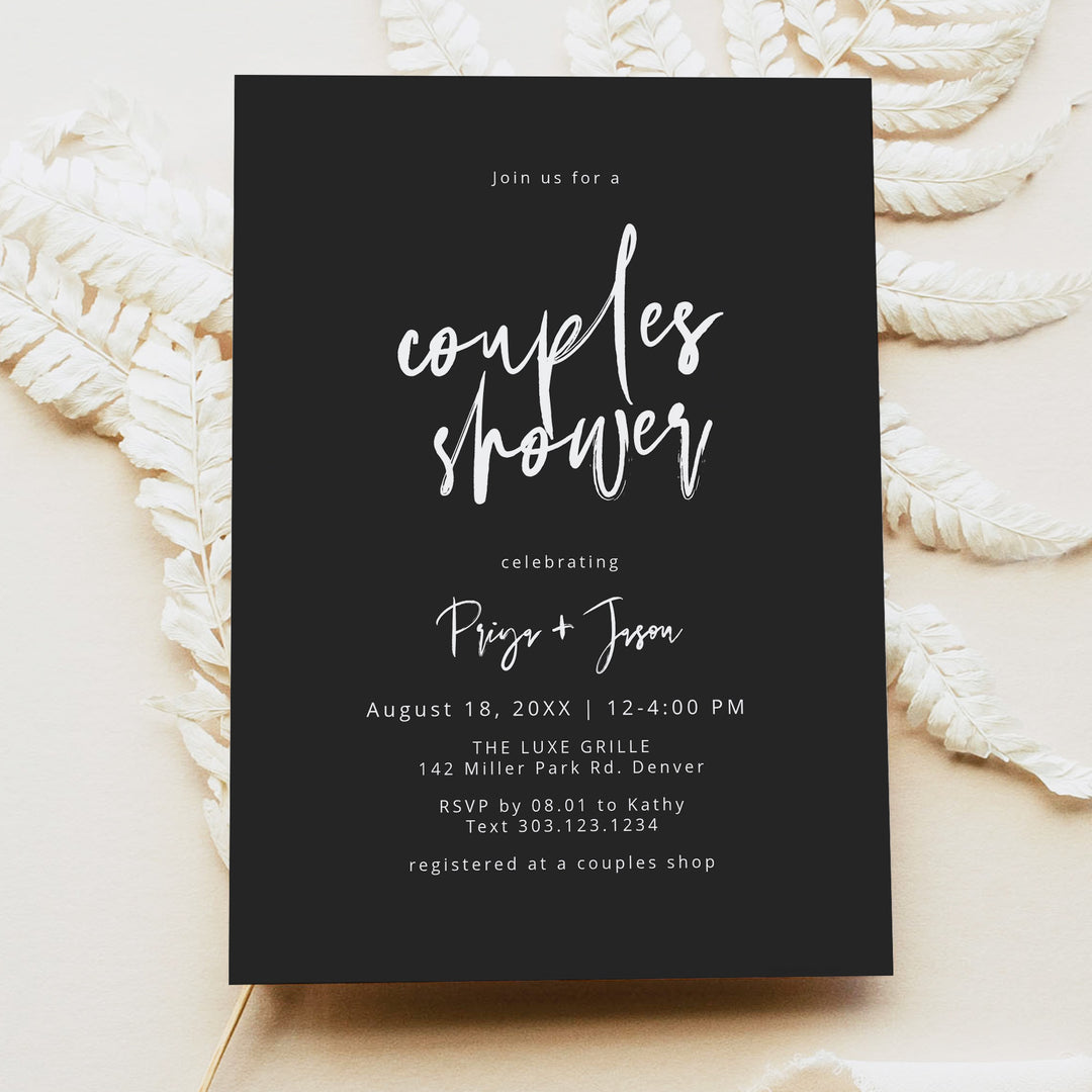 PRIYA Moody Black and White Couples Wedding Shower Invitations