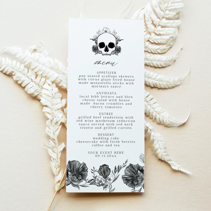 NOVA Gothic Floral and Skull Halloween Menu Cards
