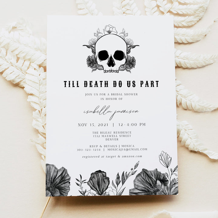 NOVA Black and White Floral Skull Bridal Shower Invitations