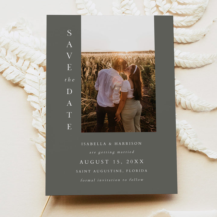 NINA Elegant Olive Green Wedding Save the Date Card with Photos