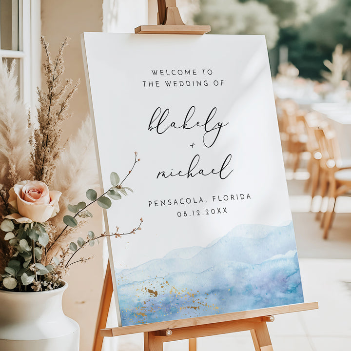 BLAKELY Blue Watercolor Coastal Wedding Welcome Sign