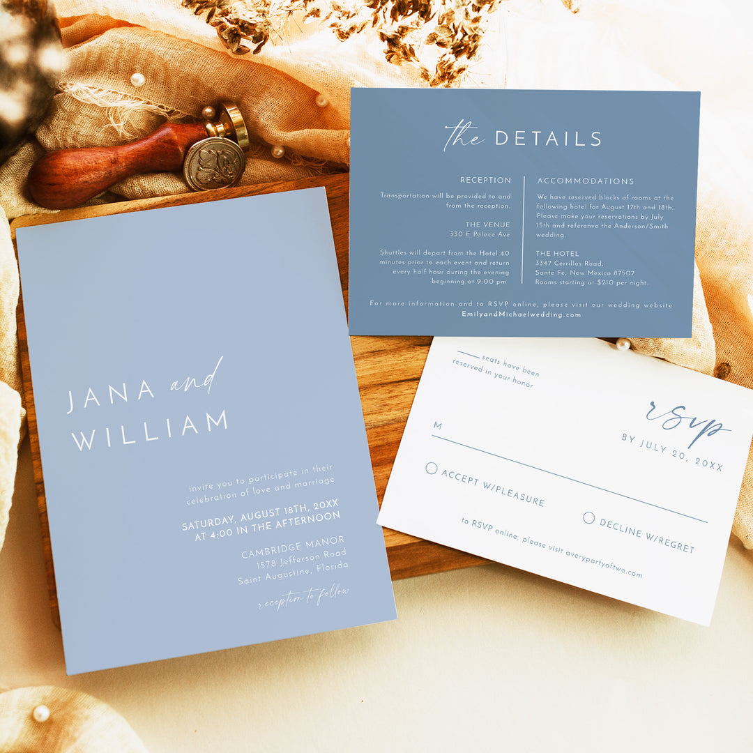 KENNEDY Dusty Blue and White Photo Wedding Invitation Suite
