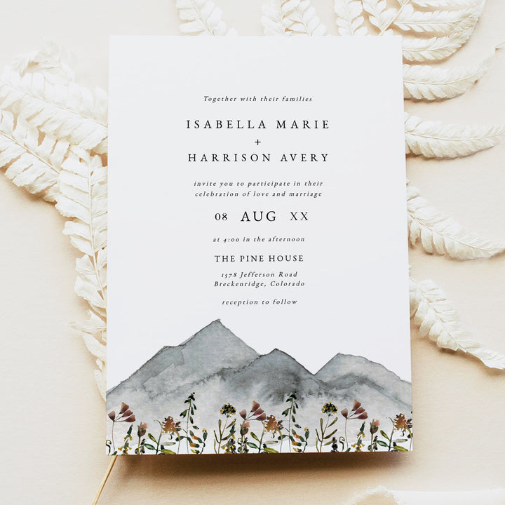 HEIDI Rustic Outdoor Wedding Invitation with Watercolor Mountains