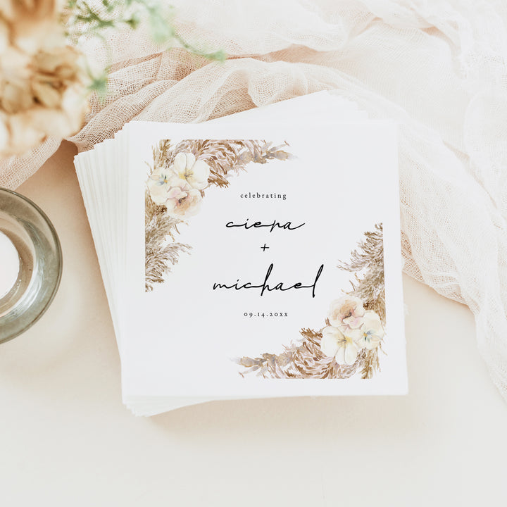 CIERA Cream Floral and Pampas Grass Wedding Napkin