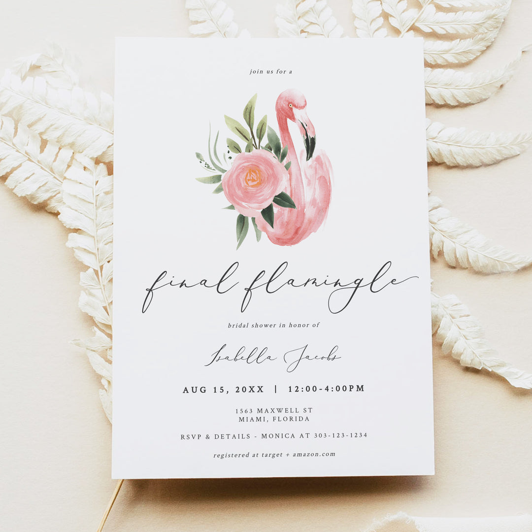 KAYA Final Flamingle Tropical Pink Flamingo Bridal Shower Invitation