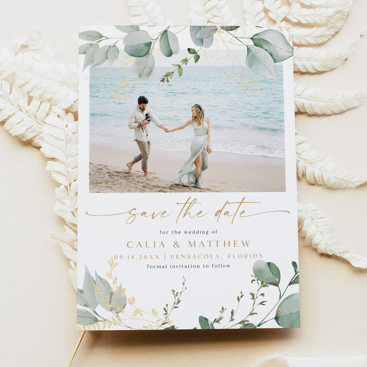 CALIA Eucalyptus Watercolor Engagement Photo Save the Date Cards