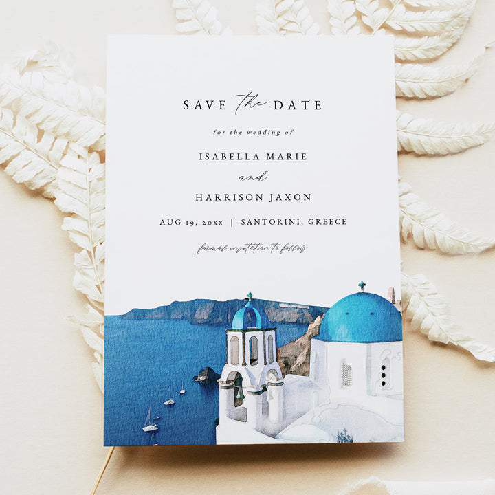 SANTORINI Greece Skyline Save the Date Cards for Greek Wedding