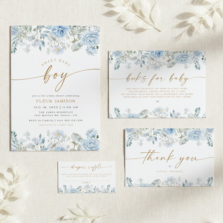 FLEUR Sweet Baby Boy Blue Floral Shower Invitation Set