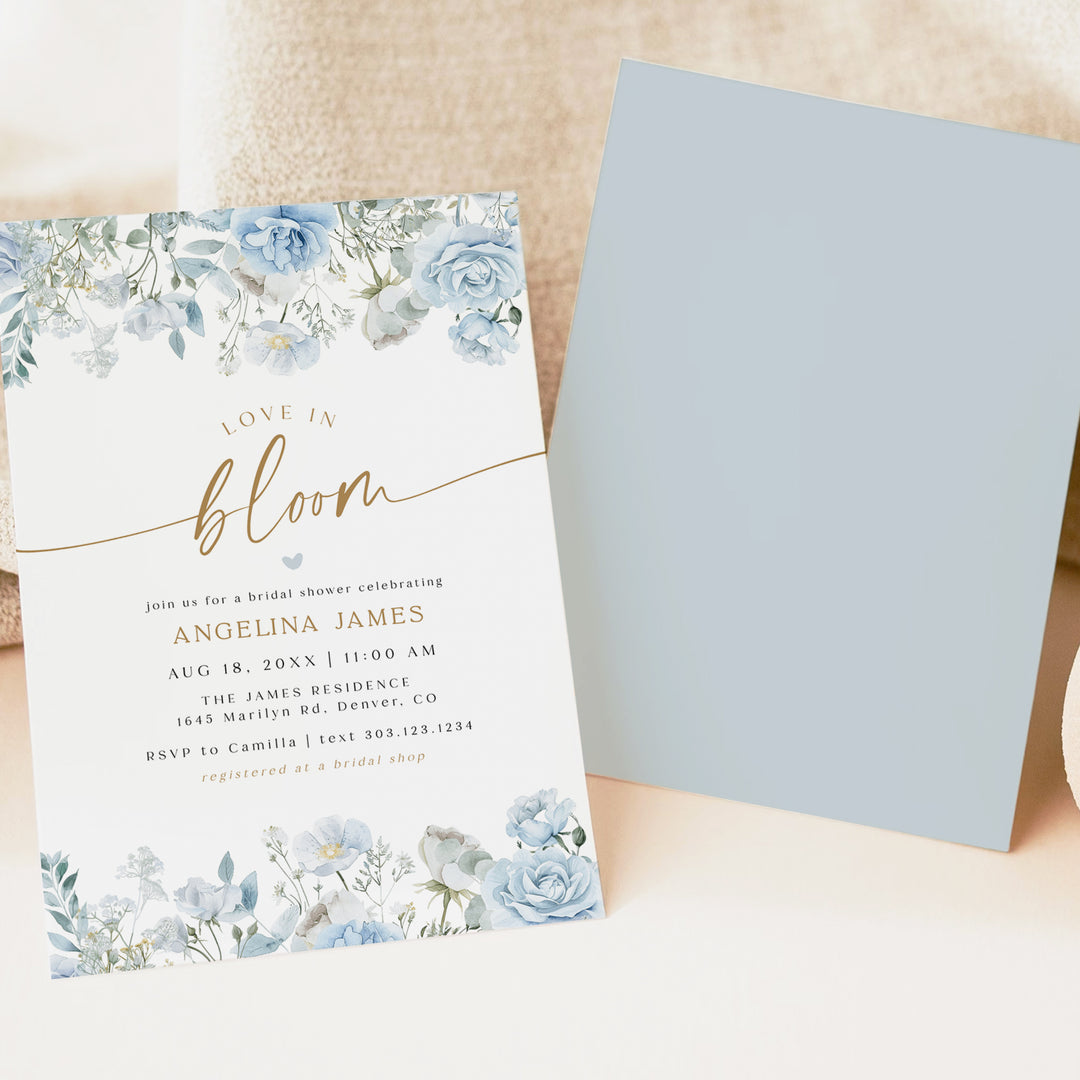 FLEUR Love In Bloom Dusty Blue Floral Bridal Shower Invitation