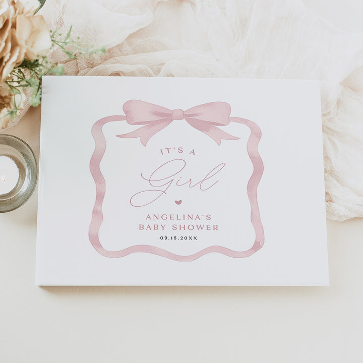 ANGELINA It's a Girl Pink Bow Baby Shower Guest Book