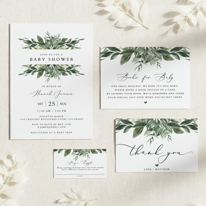 LANA Sage Green Rustic Greenery Baby Shower Invitation Bundle