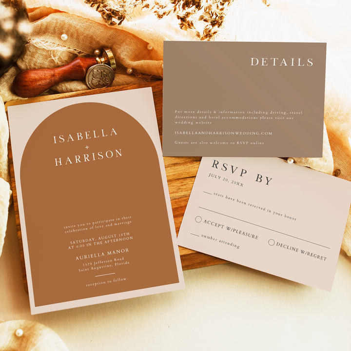 MIA Arched Boho Terracotta Wedding Invitation Set with Photo
